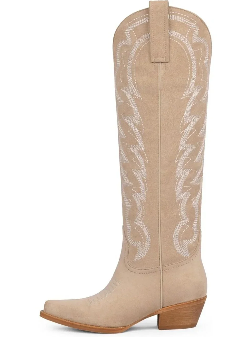 Women's Suede Beige Cowboy Knee High Boots Pointed Wide Calf Chunky Heel Cowgirl